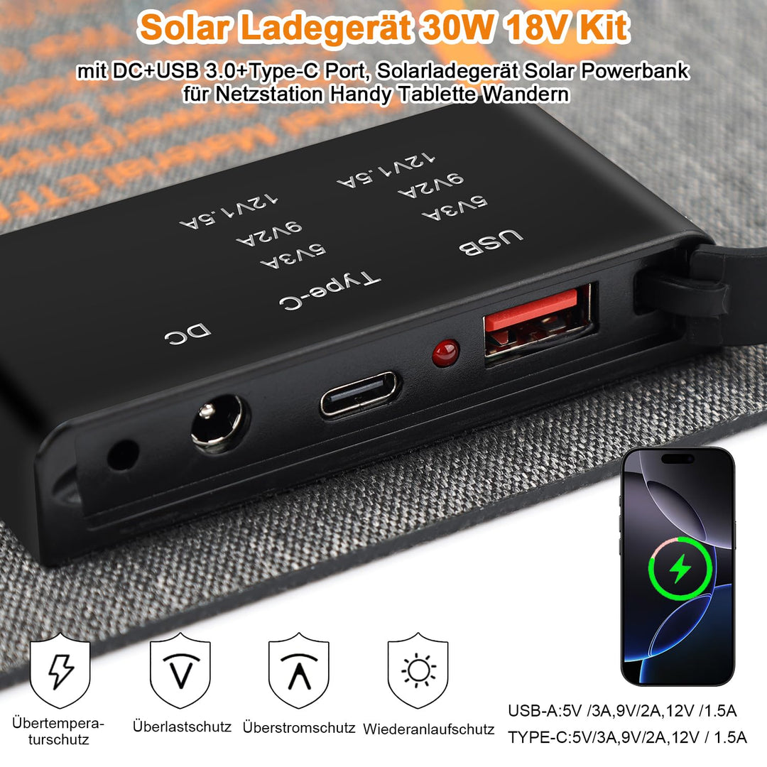 【Solar Ladegerät 30W 18V Kit】 KWODE 30W Solarpanel Faltbar Camping Tragbares, ETFE IP67 Faltbares So