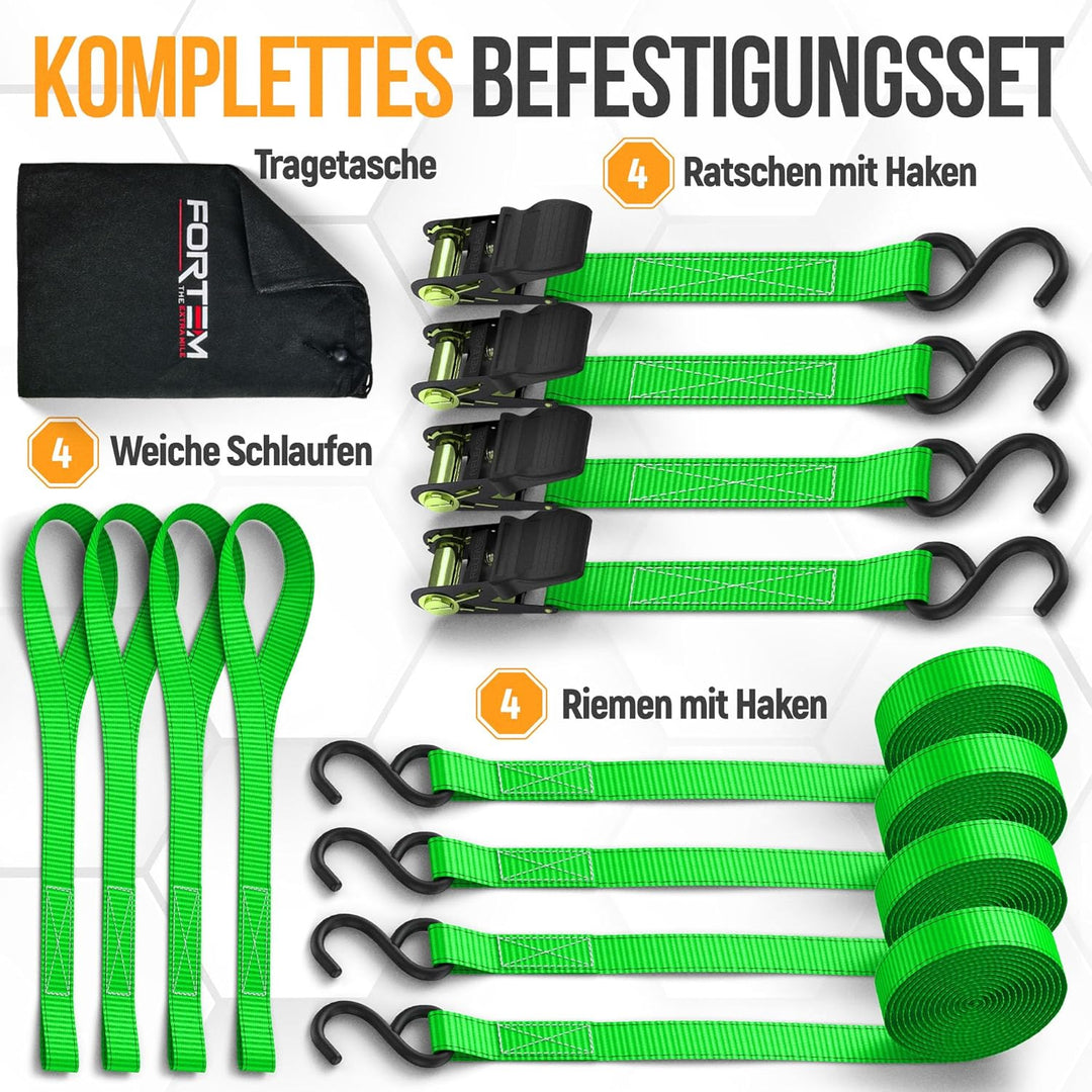 FORTEM Spanngurte, 748 kg Bruchfestigkeit, 4 x 4,57 m Spanngurte mit Ratsche - 4 Weiche Zurrschlaufe