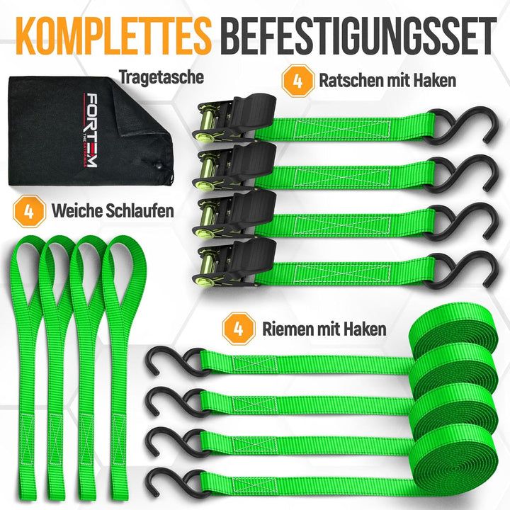 FORTEM Spanngurte, 748 kg Bruchfestigkeit, 4 x 4,57 m Spanngurte mit Ratsche - 4 Weiche Zurrschlaufe
