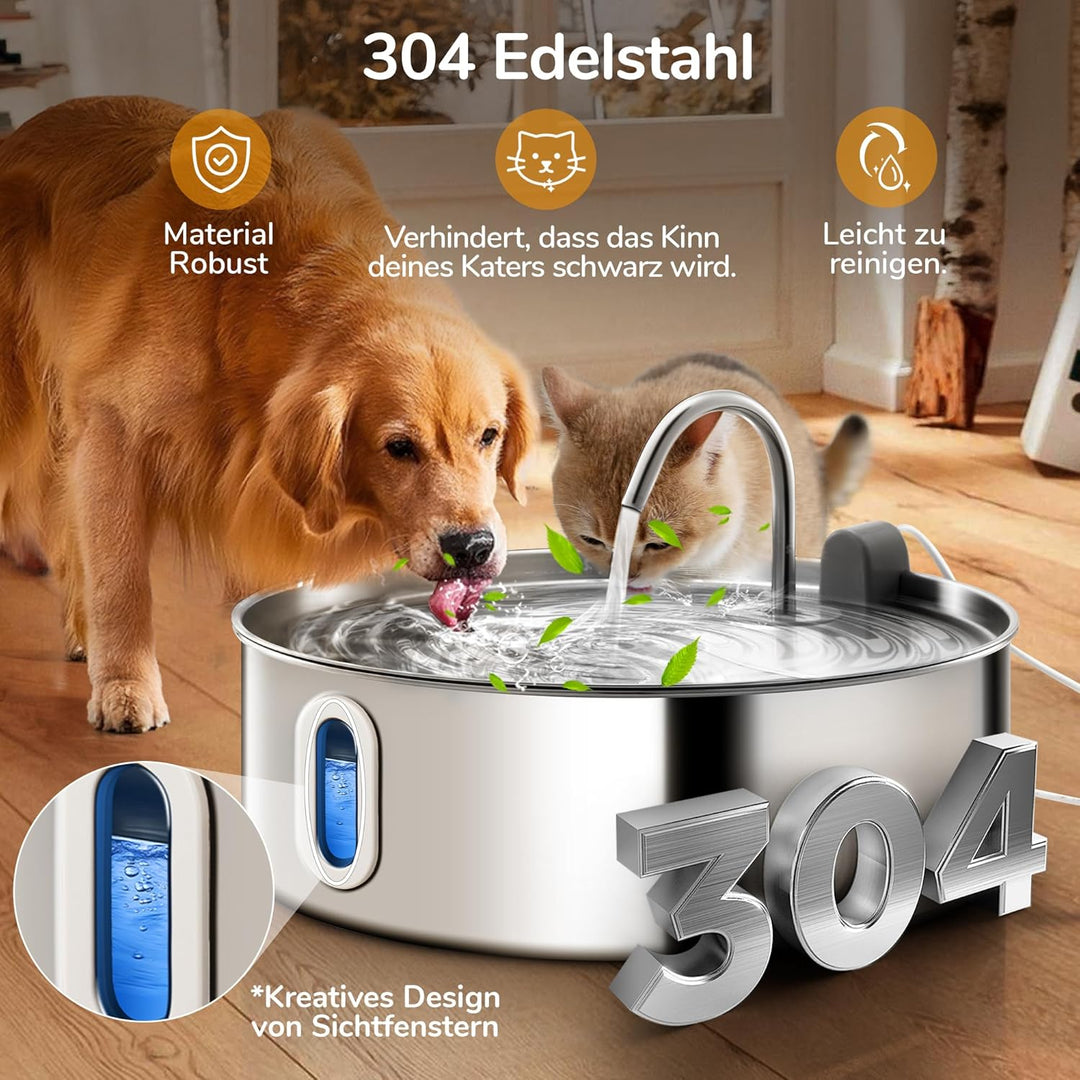 FUKUMARU 7L Trinkbrunnen für Hunde, Katzenbrunnen mit 5-Schicht Filtration und LED -Licht，Edelstahl