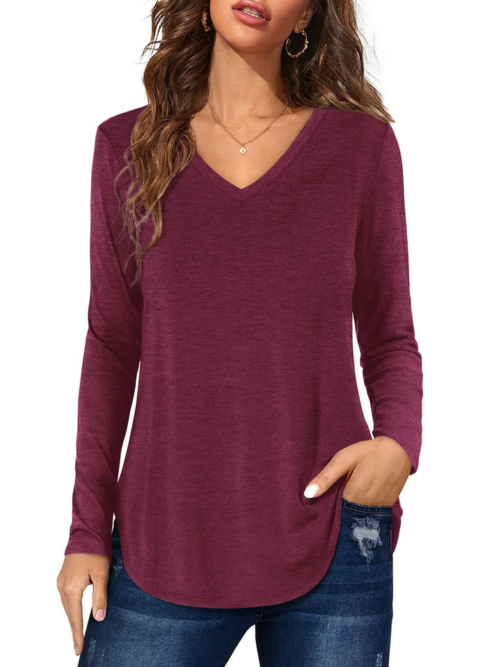 Florboom Tunika Damen Langarm/Kurzarm V Ausschnitt Oberteil Shirts Basic Casual Longshirt L A-rot, L