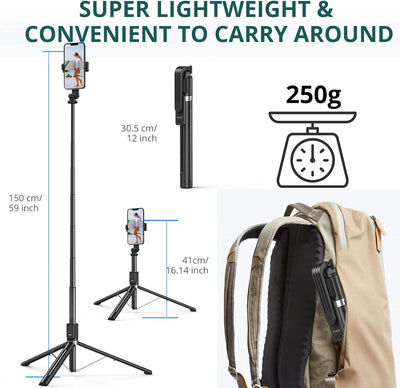 ATUMTEK 150 cm Selfie-Stick, Selfie-Stick mit Abnehmbarer Bluetooth-Fernbedienung, ausziehbarer Self