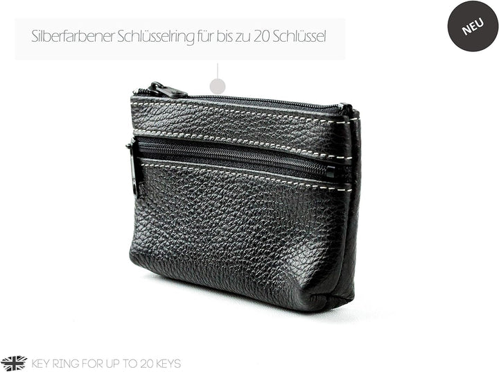 DELMON VARONE - Personalisierbares Schlüsseletui Leder Soft Grain schwarz, Schlüsseltasche mit Reiss