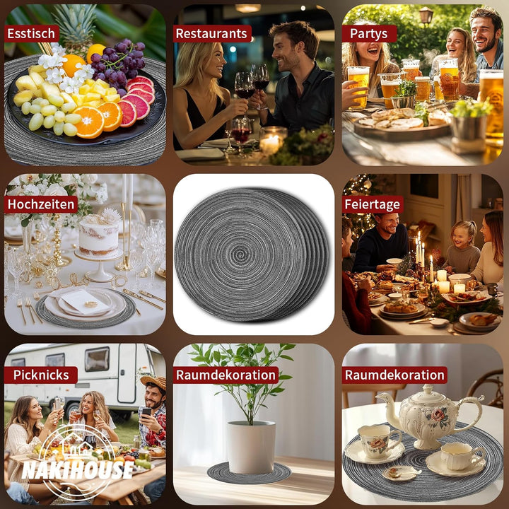 Platzsets Rund Grau Geflochten Tischsets 12er Set Hitzebeständigem Tisch Tischsets Waschbar für Küch