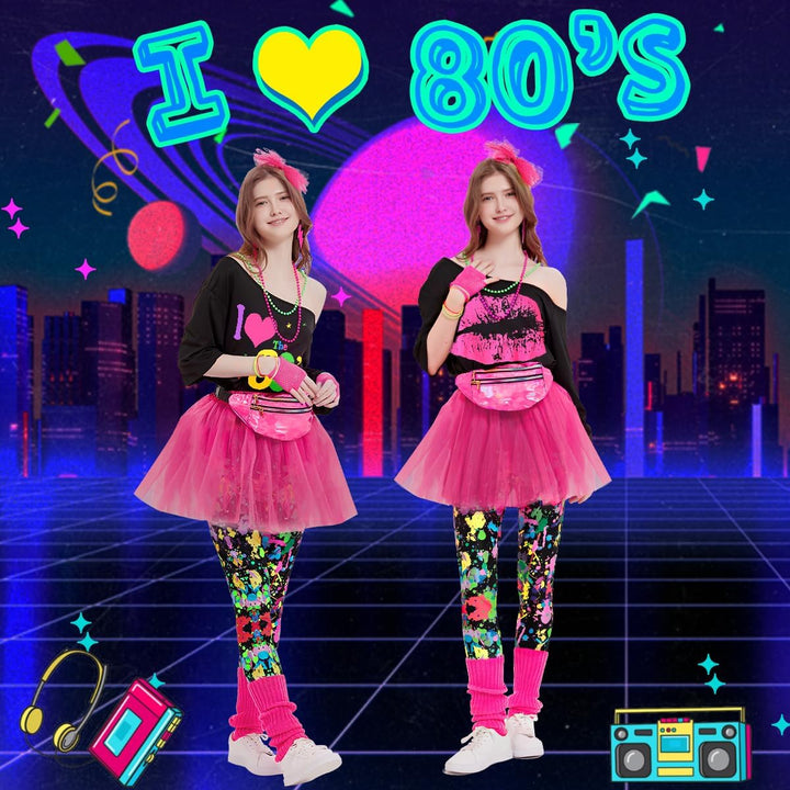 80er 90er Jahre Outfit Leggings Bunte Damen, Neon Kleidung Bauchtasche TuTu Stirnband Ohrring Halske