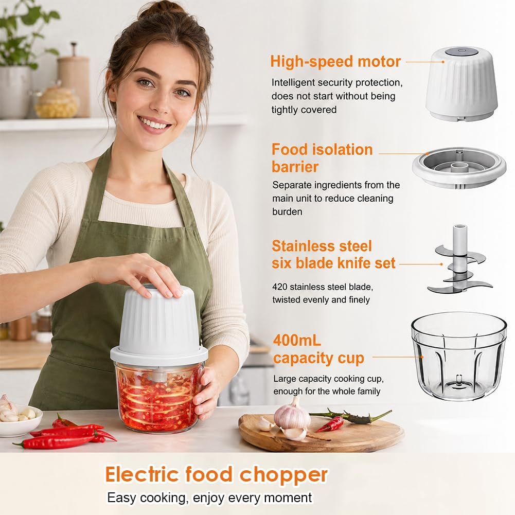 Elektrischer Küchenzerkleinerer, 400 ml Zwiebel Zerkleinerer, Mit USB-Aufladung, Gemüsezerkleinerer,