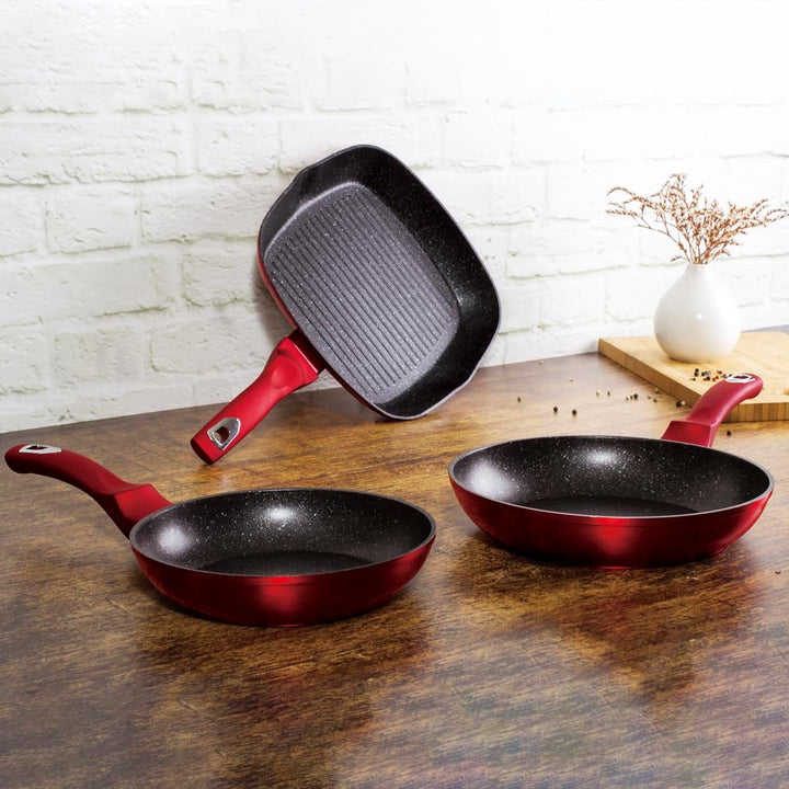 BerlingerHaus Haus Burgundy Set 2 Bratpfannen 1 Grillpfanne Induktion 20-24-28cm, Aluminium, Antihaf