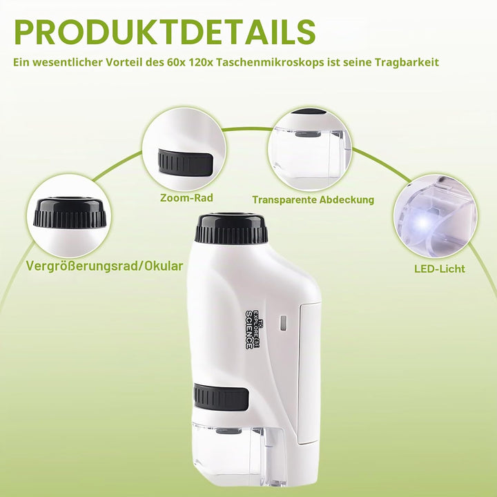 Taschenmikroskop Handy Mikroskop 60X-120X, Mini Mikroskop mit LED Licht, Handmikroskop mit Ständer u