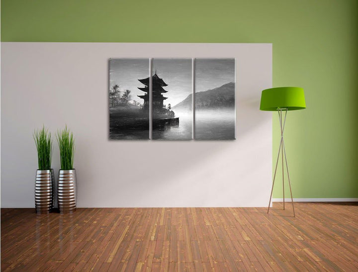 Pixxprint Chinesisches Haus Kunst / 3-Teilig/Gesamtmass 120cm Leinwandbild bespannt auf Holzrahmen/W