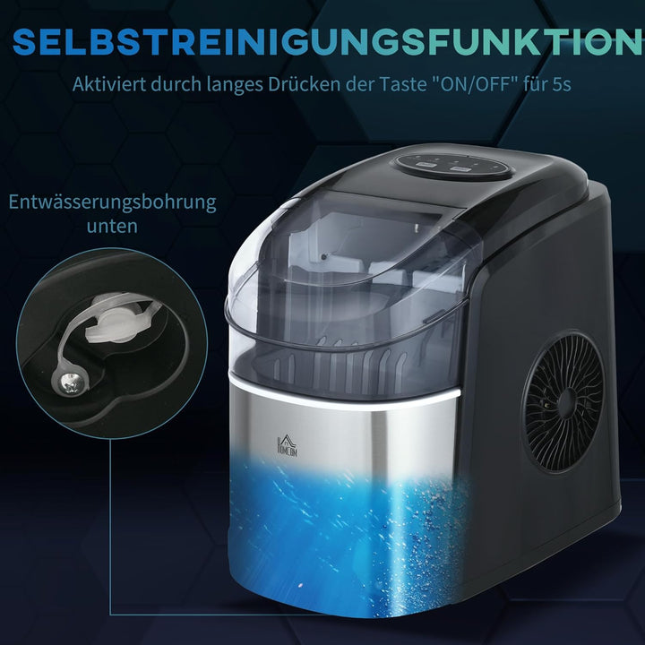 HOMCOM Eiswürfelmaschine Edelstahl, 12 kg 24 Stunden, 9 Eiswürfel in 6-9 Minuten, Verstellbar Würfel