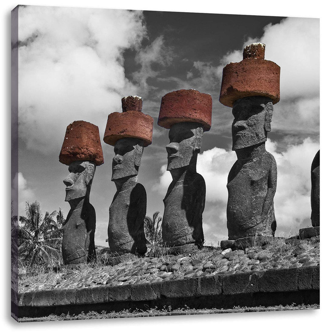 Pixxprint Moai Statuen auf den Osterinseln schwarz/weiss, Format: 70x70 auf Leinwand, 70x70