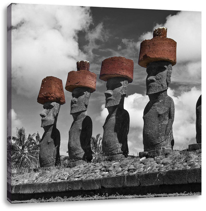 Pixxprint Moai Statuen auf den Osterinseln schwarz/weiss, Format: 70x70 auf Leinwand, 70x70