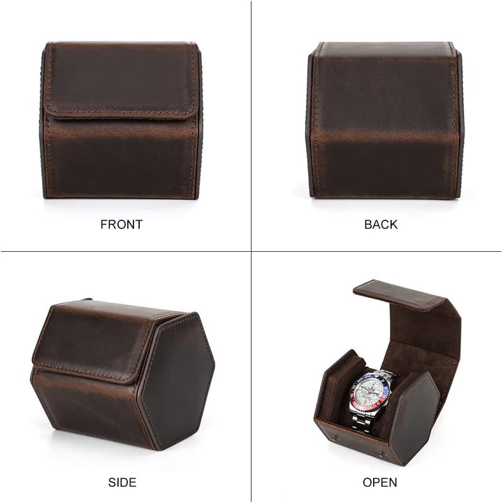 Hiram Uhrenetui aus echtem Leder, sechseckig, 1 Uhrenrolle, Uhrenschutz, Aufbewahrungsbox, Organizer