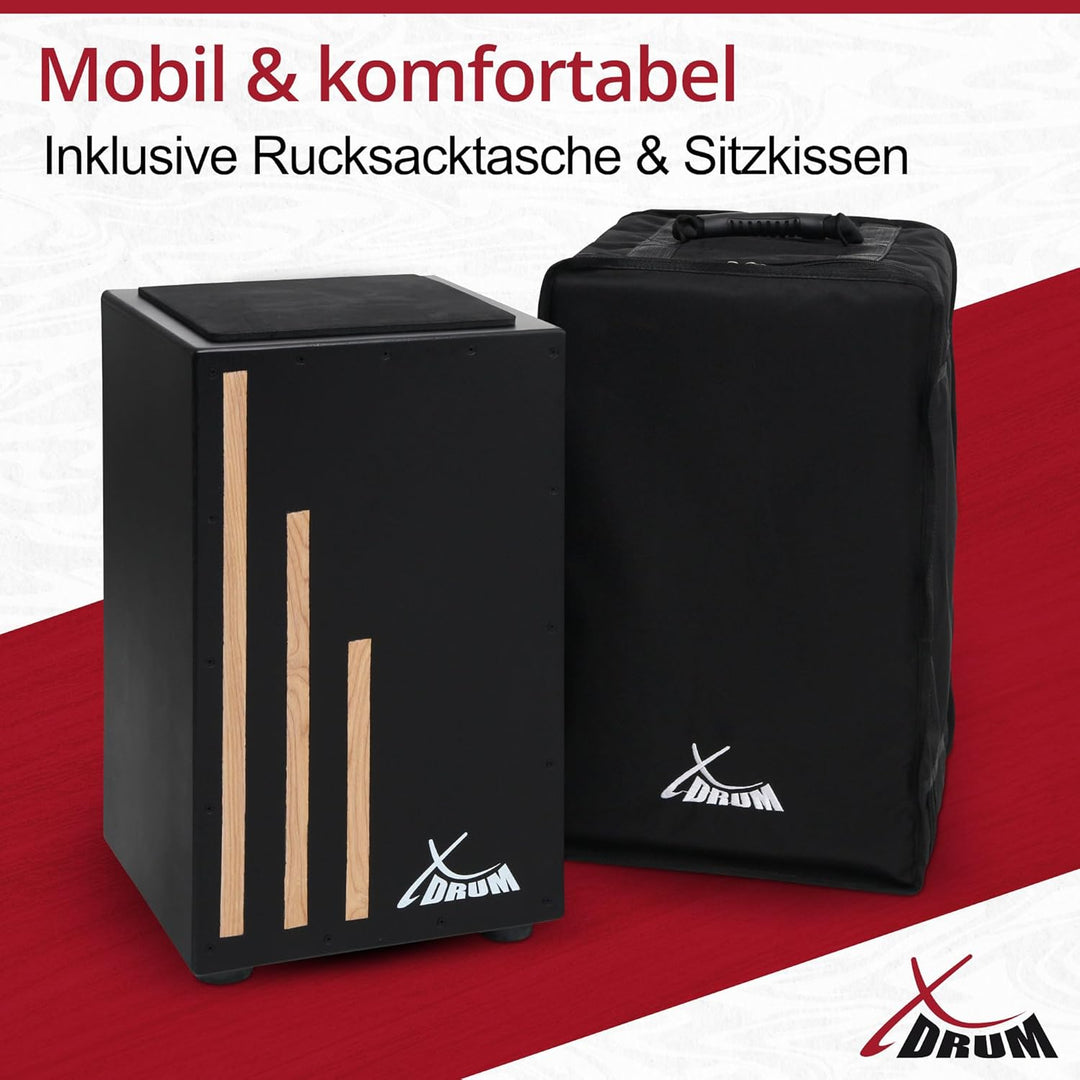 XDrum Cajon Primero Negra - Kistentrommel inkl. Rucksacktasche und Schule - Trommelkiste mit Snare S
