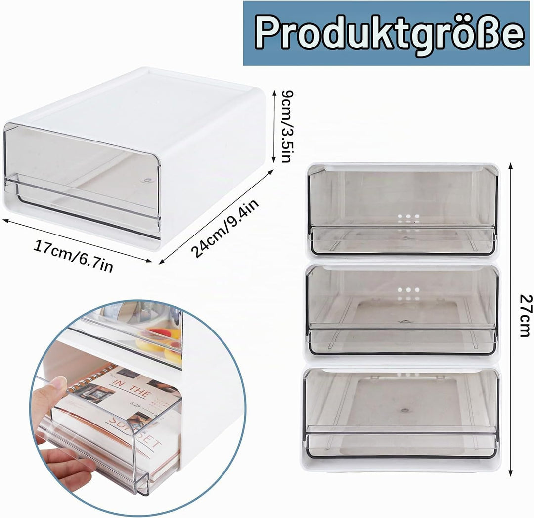 4 Stück Stapelbar Schreibtisch Organize mit 4 Schubladen, Transparent Weiss Schubladenboxen mit Etik