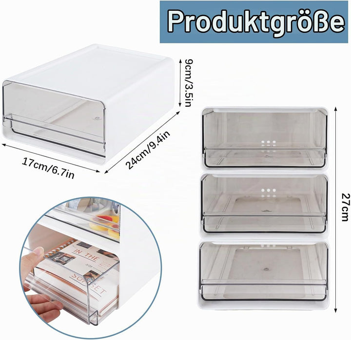 4 Stück Stapelbar Schreibtisch Organize mit 4 Schubladen, Transparent Weiss Schubladenboxen mit Etik