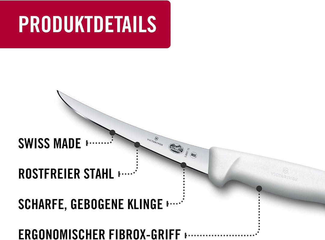 Victorinox Fibrox Ausbeinmesser, Scharfes Küchenmesser für Fleisch und Fisch, 15 cm, Gebogene Klinge