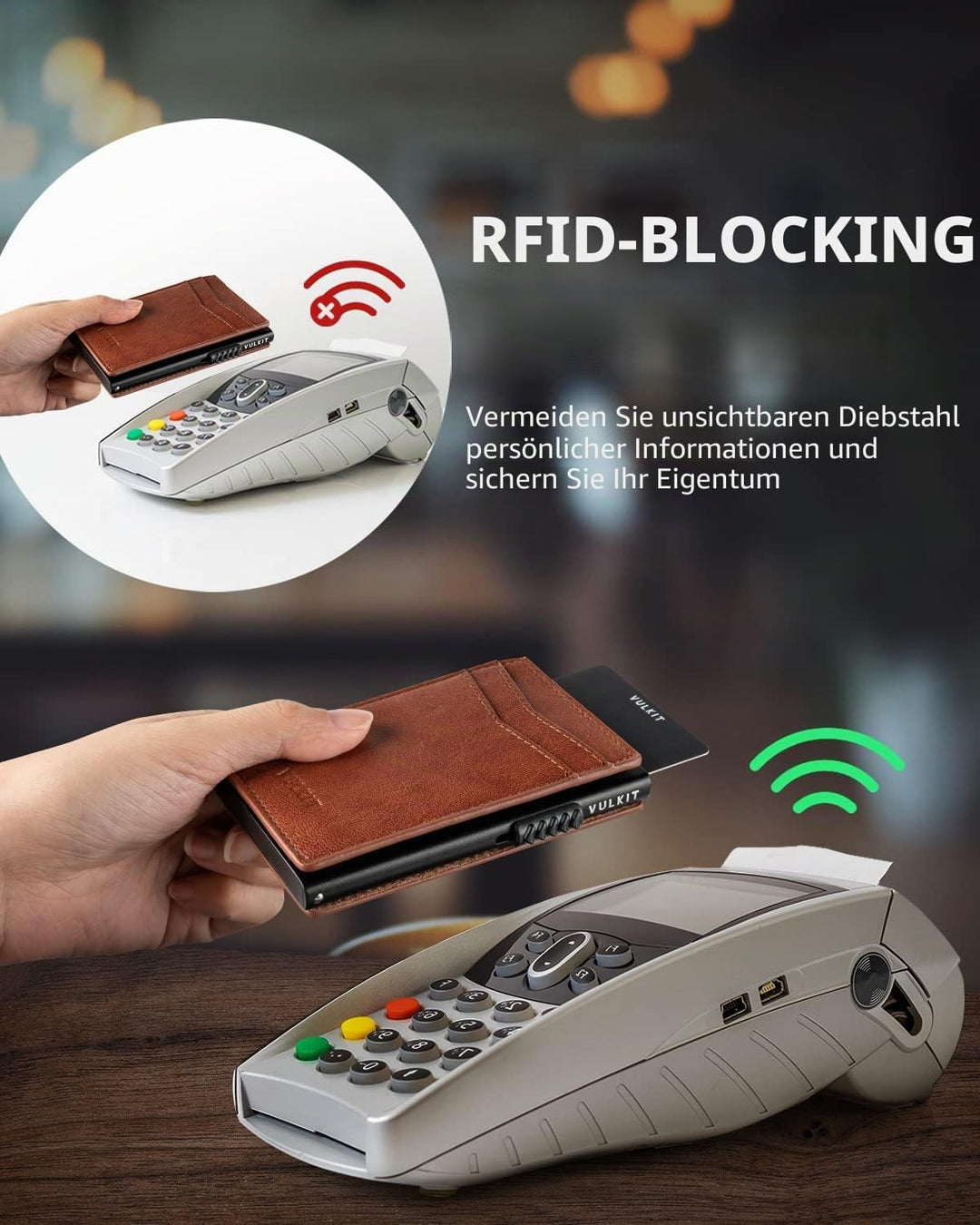 VULKIT Kreditkartenetui Leder Kartenetui RFID Blocking Automatische Pop Up Visitenkartenetui für Kar
