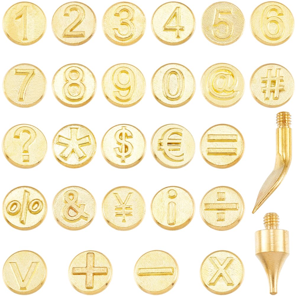 GORGECRAFT 26 Stück Holzbrennspitzen Set Goldenes Messing Kupfer Set Zahlensymbol Lötschablone Leder