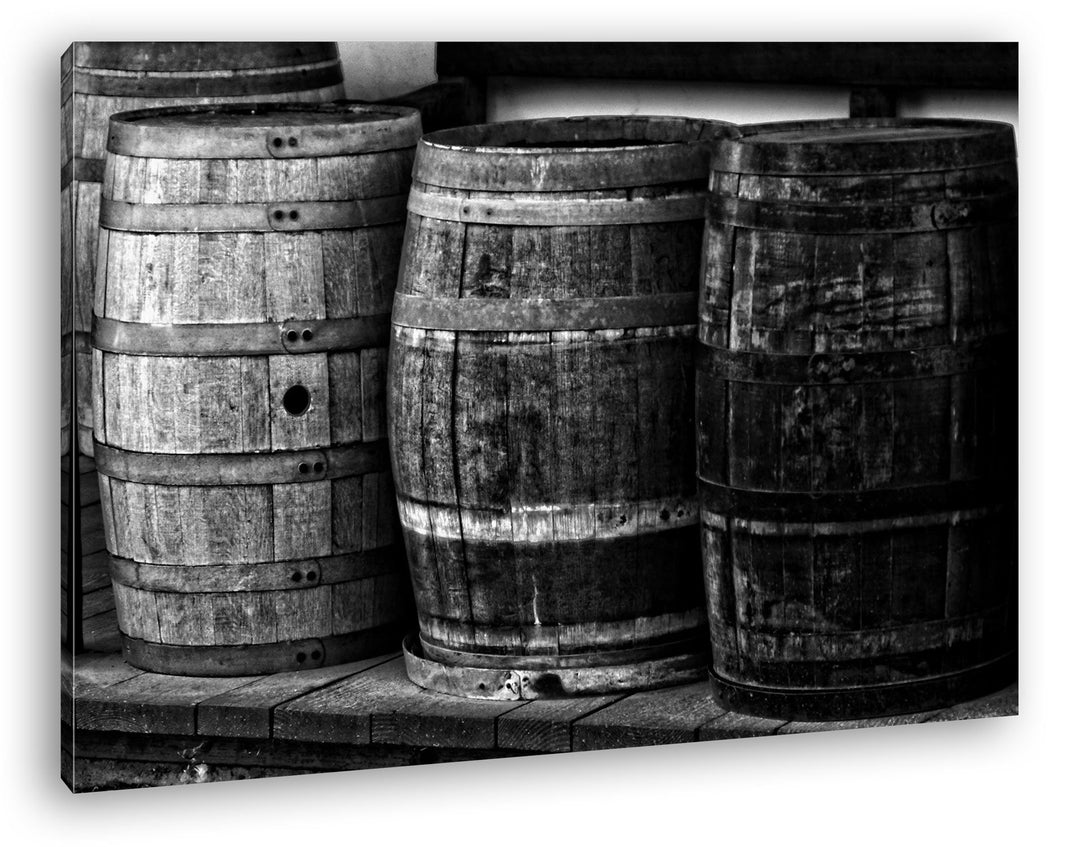 deyoli alte Holzfässer mit Wein Effekt: Schwarz/Weiss im Format: 80x60 als Leinwandbild, Motiv ferti
