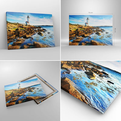 Bilder auf Leinwand Leuchtturm Ufer Wolke Landschaft Leinwandbild 70x50cm Wandbilder Dekoration Wohn