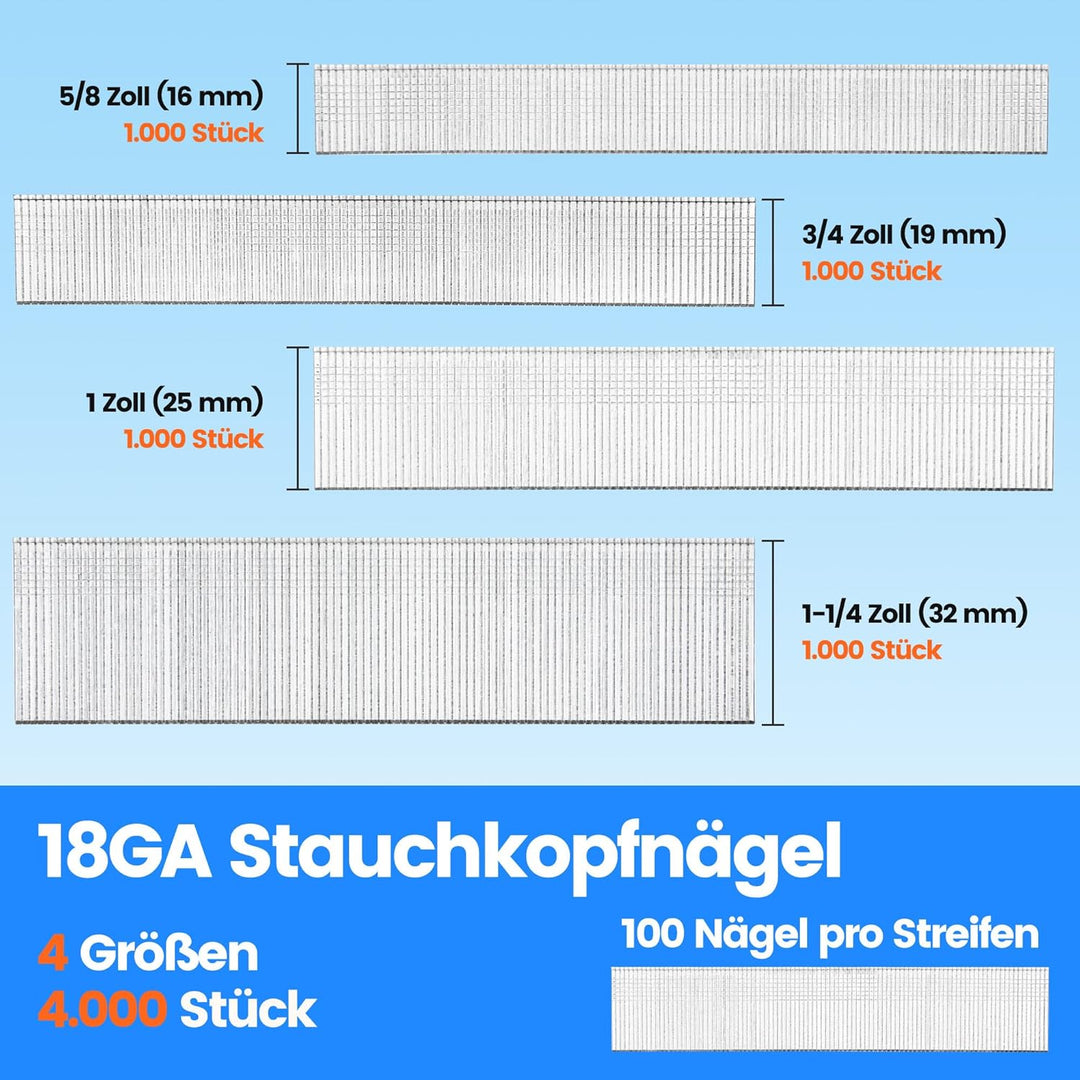 meite Stauchkopfnägel 18GA, 4.000 Stück Sortiment in 4 Grössen (16mm, 19mm, 25mm, 32mm), Verzinkte T