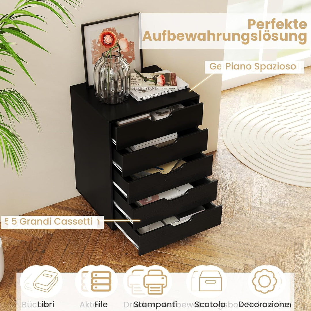 GOPLUS Schubladenschrank mit Rollen, Rollcontainer mit 5 Schubladen, Griffmulden, mobiler Bürocontai