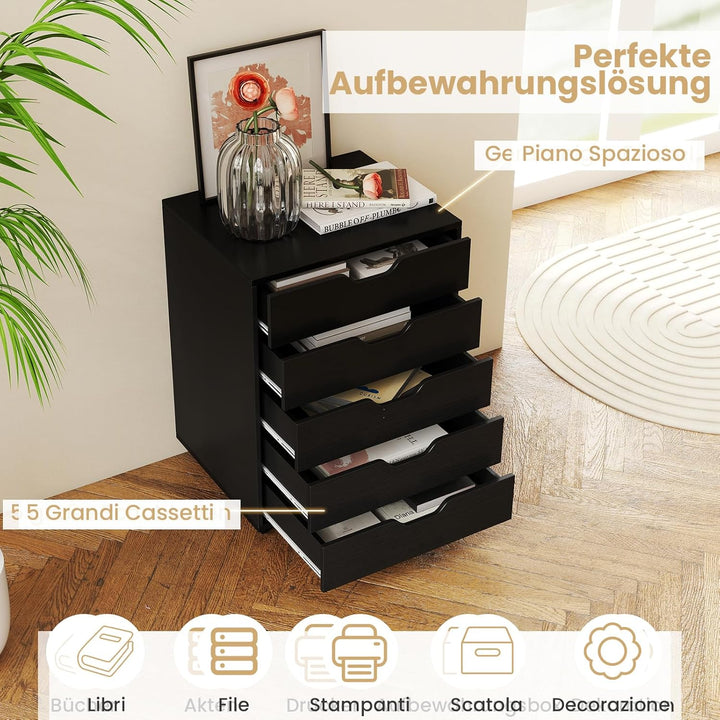 GOPLUS Schubladenschrank mit Rollen, Rollcontainer mit 5 Schubladen, Griffmulden, mobiler Bürocontai