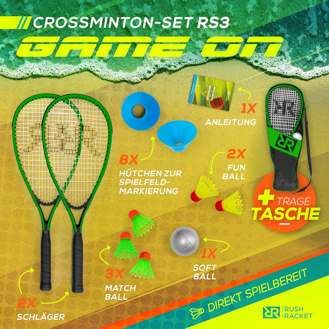 Rush Racket Set RS3 Speed Badminton Set 5-teilig (2X Schläger, 5X Federbälle, 1x Softball, 8X Feldma