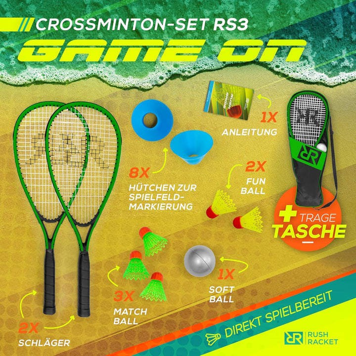 Rush Racket Set RS3 Speed Badminton Set 5-teilig (2X Schläger, 5X Federbälle, 1x Softball, 8X Feldma