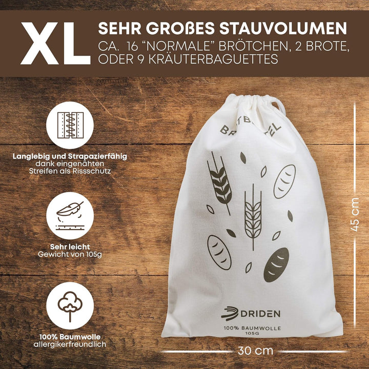 Brotbeutel XL [3er Set] 100% Natur Baumwolle - Brotsack für frische Brötchen & Grosseinkäufe - Hohe