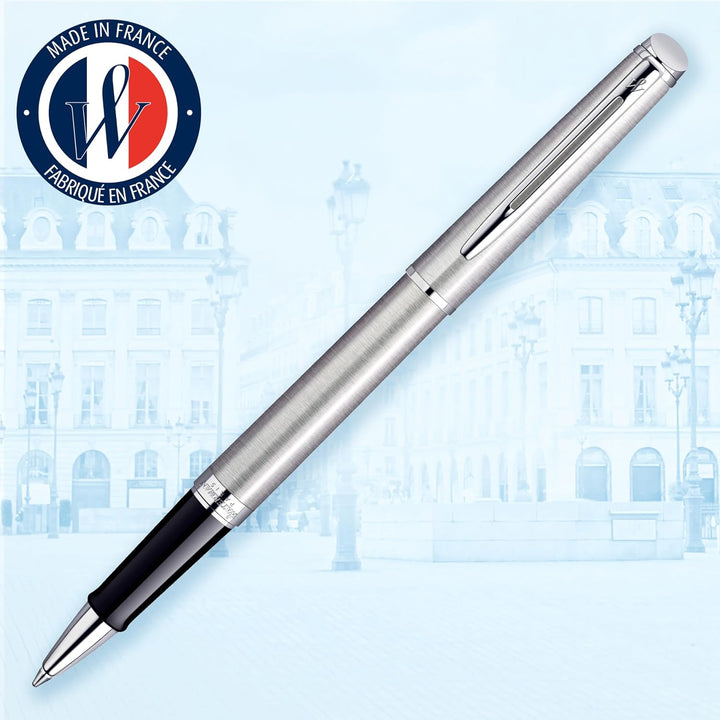 Waterman Hémisphère Tintenroller | Edelstahl mit Chromzierteile | feine Spitze | Schwarze Tinte | Ge