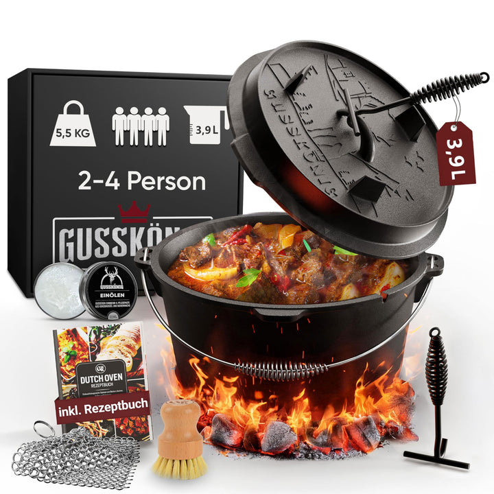 Dutch Oven Set 4,5 Liter [für 2–4 Person] – Eingebrannter Feuertopf mit Füsse, inkl. praktischem Dec