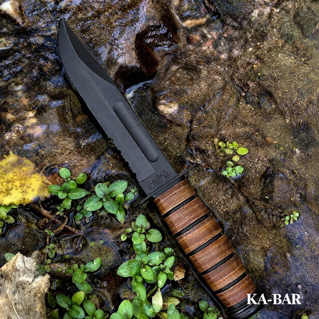 Ka-Bar US Army 7" Fixed Blade Knife, Serrated Leather Handle w/Brown Sheath #1219