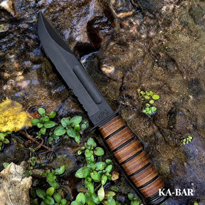 Ka-Bar US Army 7" Fixed Blade Knife, Serrated Leather Handle w/Brown Sheath #1219