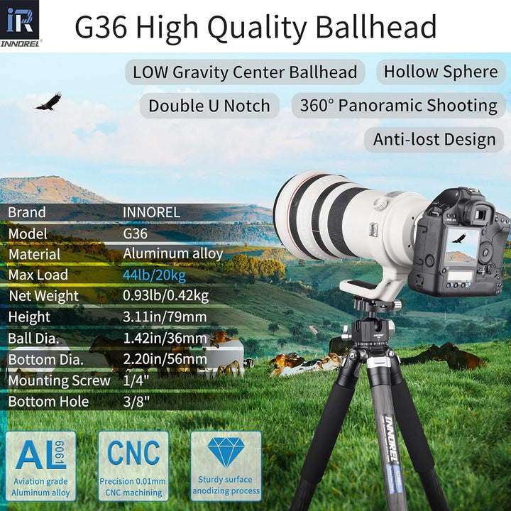 INNOREL G36 Low Profile Panorama-CNC-Metall-Kamerastativ-Kugelkopf mit 1/4" Arca Swiss Universal-Sch