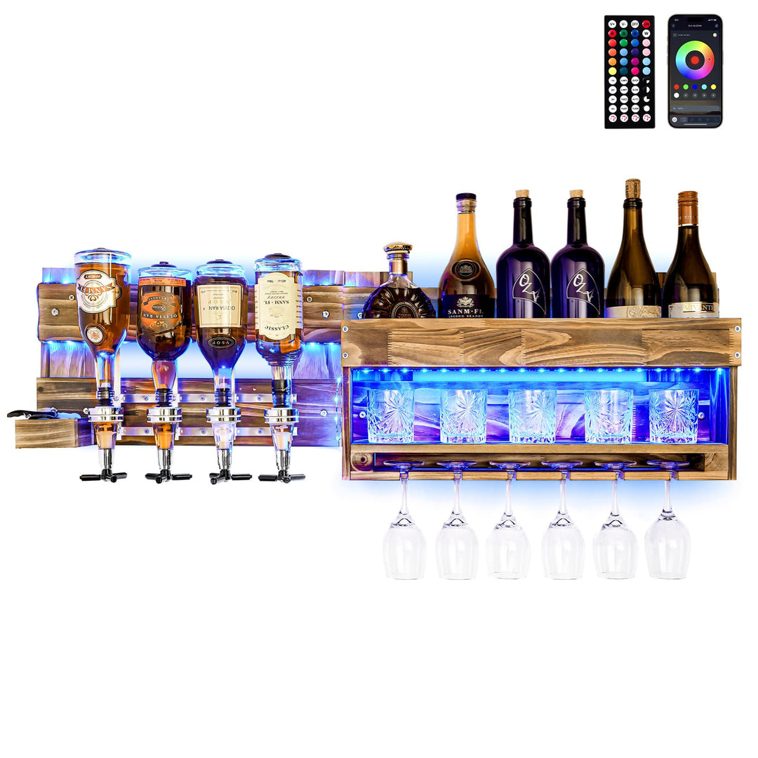 Yorbay Weinregal Mit LED-Licht Palette beflammt Holz, Wandbar mit 4 Getränkespender Wand Flaschenhal