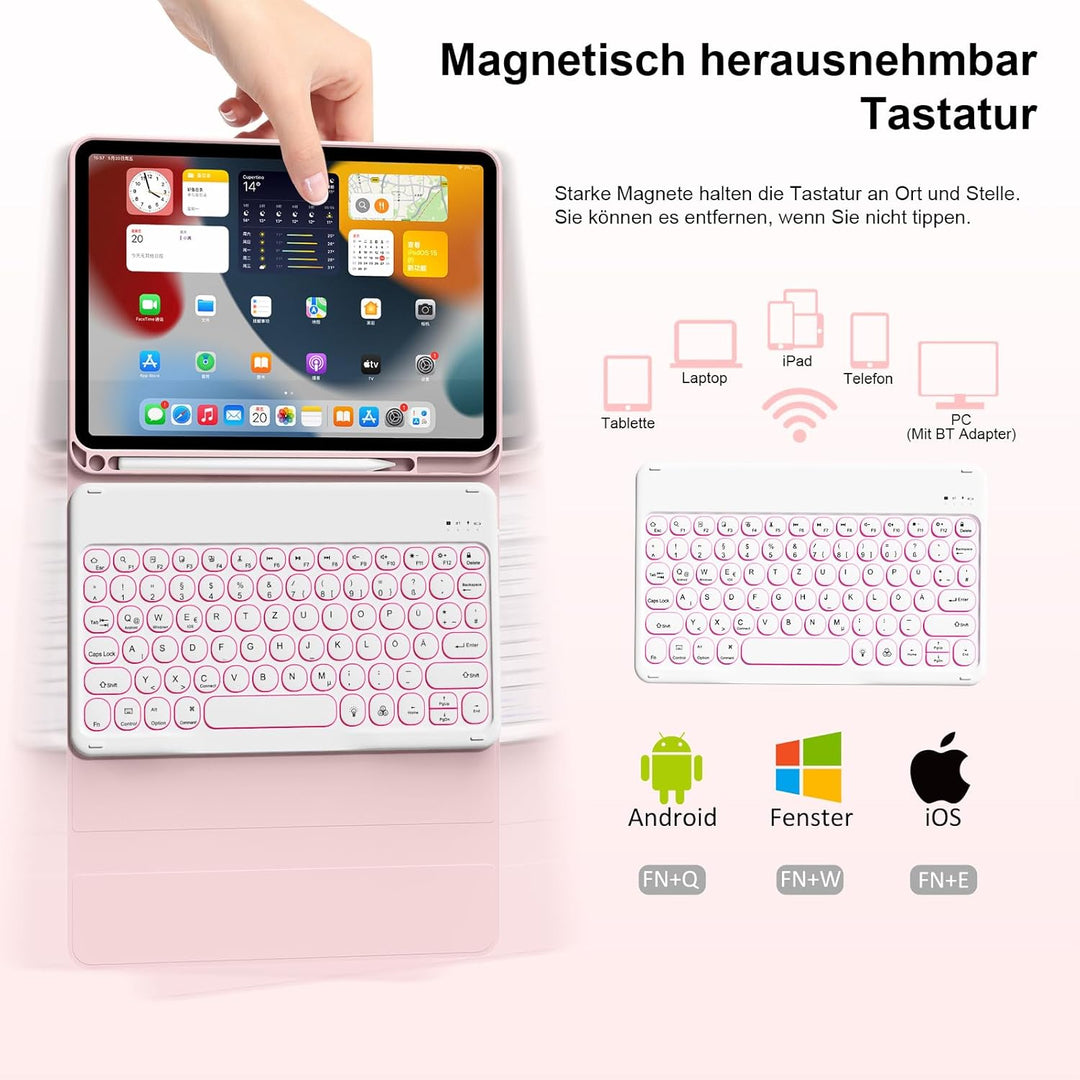 Hülle mit Tastatur für iPad 11 Generation A16/10 Generation (11/10.9 Zoll,2025/2022),7-farbige Beleu