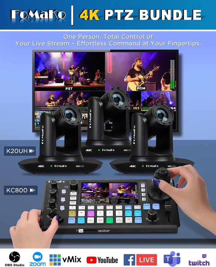 FoMaKo 4K PTZ Kamera NDI HX3 KI-Tracking 20x Optischer Zoom, mit HDMI/USB3.0/LAN(PoE), für LIve-Gott