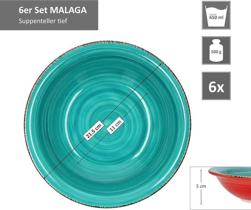 6-TLG. Tellerset Malaga | Bunte Suppenteller tief | 650 ml | Ø 21.5 cm | Salatteller rund | Servier-
