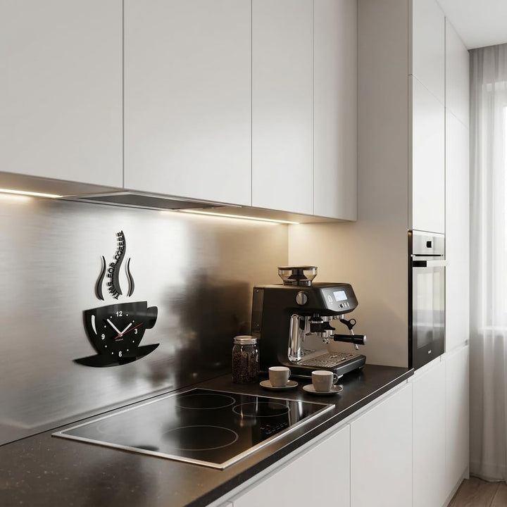 FLEXISTYLE Tasse Zeit für Kaffee Moderne Küche Wanduhr, schwarz, 3D römisch, wanduhr deko, Schwarz