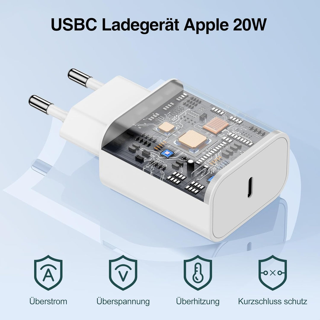 2Pack USB C Ladegerät, 20W USBC Ladegerät mit 2M+1M USB C to USB C Ladekabel für Apple iPhone 17 16e