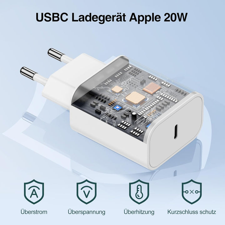 2Pack USB C Ladegerät, 20W USBC Ladegerät mit 2M+1M USB C to USB C Ladekabel für Apple iPhone 17 16e