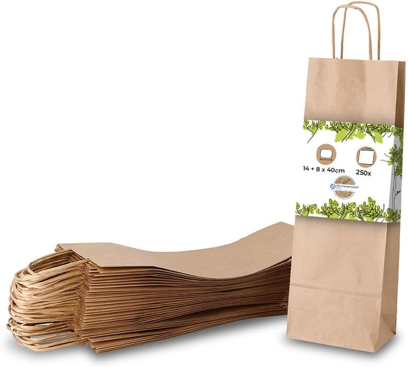 BIOZOYG 250 Stück Flaschentüten Geschenk Tüten mit Henkel 14x8x40cm Kraftpapier Grammatur 100 G/M2 e