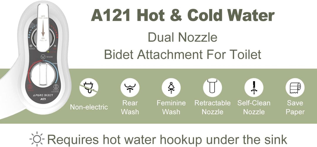 APURE BIDET A121 Warm- und Kaltwasser-Bidet-Aufsatz für WC-Sitz, Doppeldüse, Rücken- und Damenwäsche