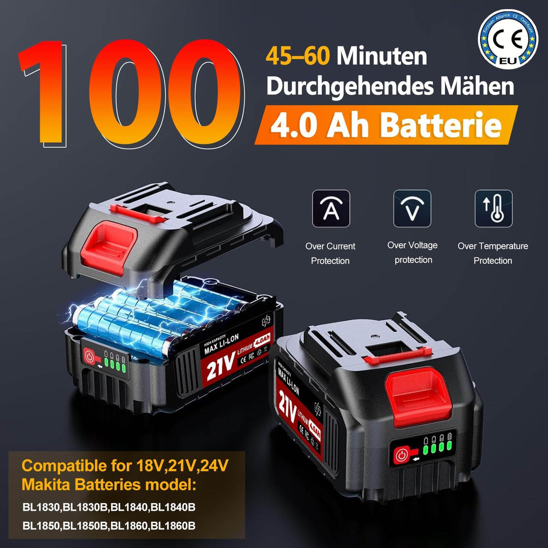Rasentrimmer mit Akku für Makita-Akkus, 21V - 750W Motor -20000U/min, 4-in-1 Freischneider akku, 90°