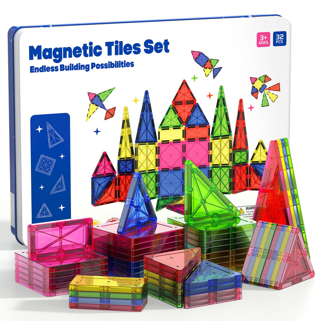 Magnetische Bausteine Fliesen Set, 32 Stück Grosse Magnetbausteine (7,5 cm) mit Metallkasten, Pädago
