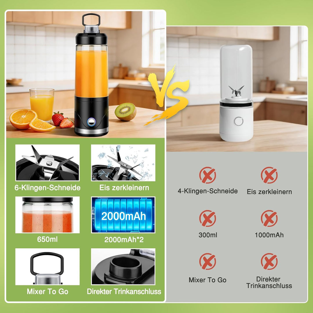 Tragbarer Mixer und Smoothie Maker to go, 650ml Abnehmbarer Behälter, 4000mAh Kabellos & Wiederaufla