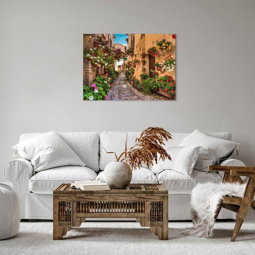 Bilder auf Leinwand Path Blumen Haus Hof Leinwandbild mit Rahmen 70x50cm Wandbilder Dekoration Wohnz