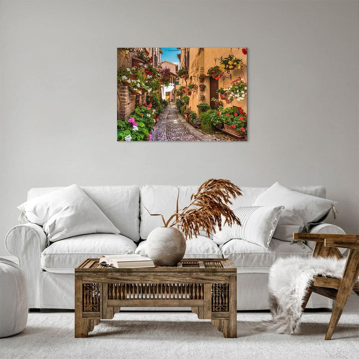 Bilder auf Leinwand Path Blumen Haus Hof Leinwandbild mit Rahmen 70x50cm Wandbilder Dekoration Wohnz